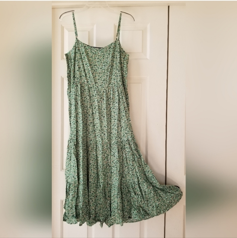 Green Dress Tiered Maxi Sundress Medium Bohemian Style NWT